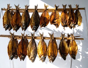 Smoked fish hanging on wooden rack