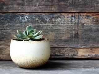 Succulent Plant in Speckled Pot Against Rustic Wood Background