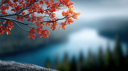 Fototapeta premium Beautiful autumn landscape with scenic mountain view tranquil river vibrant trees clear sky and peaceful reflection creating stunning outdoor scenery