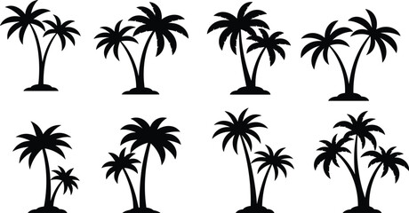 Obraz premium Palm tree silhouettes collection, tropical coconut trees, beach island palms, summer holiday decoration, paradise exotic nature, coastal vector illustration design elements