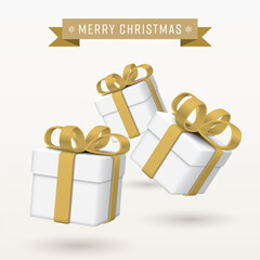 3D gift boxes floating in the air with Merry Christmas calligraphy in golden ribbon on square background graphic illustration.