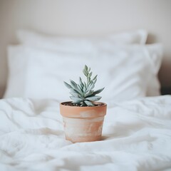 Small Succulent Plant in Terracotta Pot on White Bed