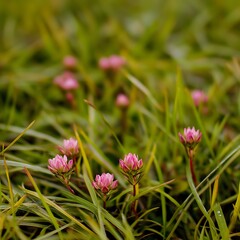 Delicate Pink Flowers in Lush Green Grass Meadow