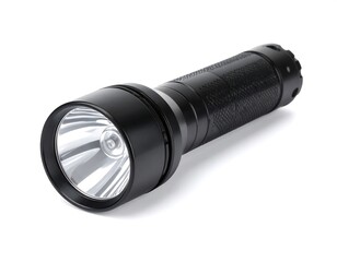 Close-up of a black flashlight isolated on a white background for illustration