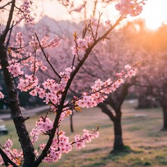 Pink Cherry Blossoms Sunset Spring Nature Scene
