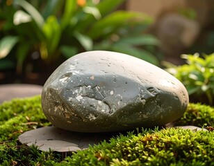 Smooth gray stone on mossy ground