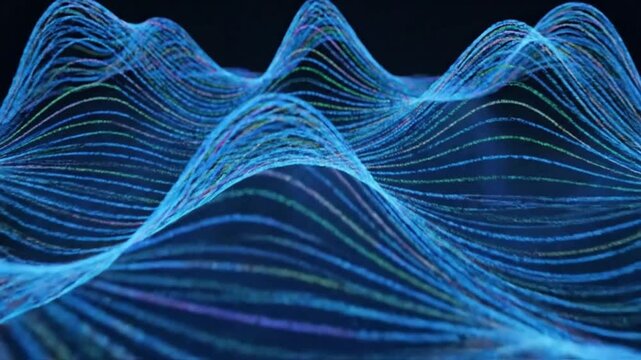 Abstract visualization of flowing blue digital waves creating a landscape of light and data.