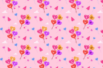 Pink background with repeating pattern of heartshaped balloons and paper airplanes