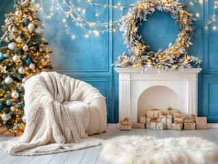Cozy Christmas Room Decor, Teal Walls, Lit Tree, Fireplace, Presents