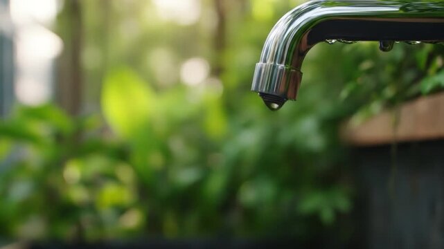 Faucet water drop detail outdoor greenery