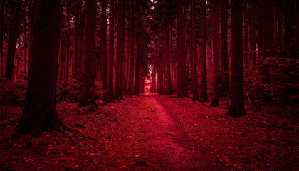 Atmospheric photo of a dark red forest, eerie lighting, and creepy surreal ambiance, evoking fantasy or horror vibes in a moody autumn landscape.