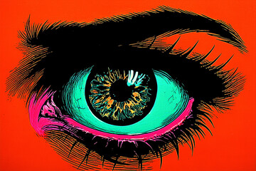 Vibrant pop art eye staring with pink green iris neon design