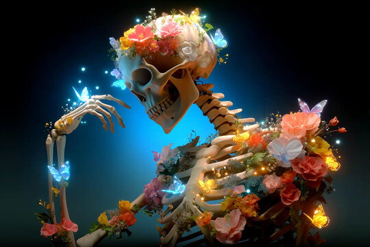 Skeleton adorned with flowers butterflies glowing life death contrast