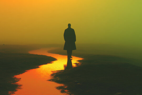 Man silhouette walking river path towards glowing orange sunset - Powered by Adobe