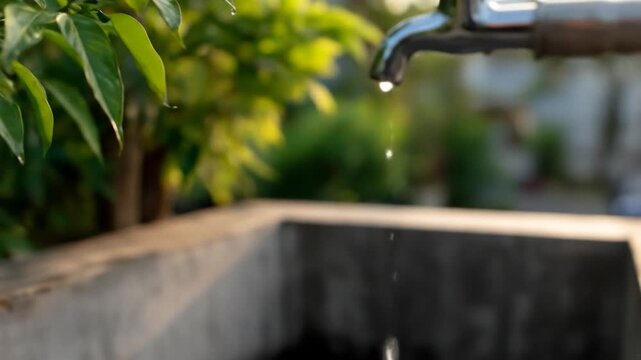 Water conservation concept featuring a faucet dripping water droplets