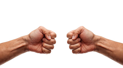 Two clenched male fists positioned side by side against a plain white background.  
