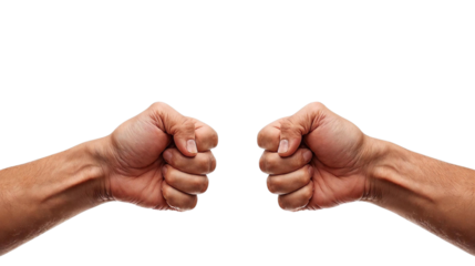 Two clenched male fists positioned side by side against a plain white background.  