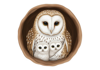 Barn owl mother and two chicks nestled in a hollow baby owl bird isolated on a transparent background