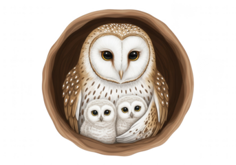 Barn owl mother and two chicks nestled in a hollow baby owl bird isolated on a transparent background