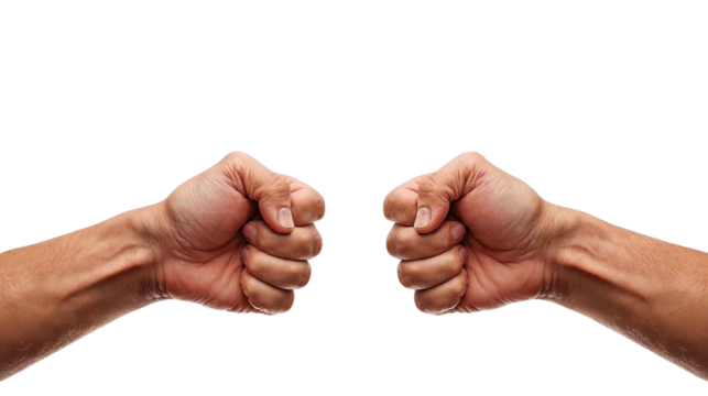 Two clenched male fists positioned side by side against a plain white background.  