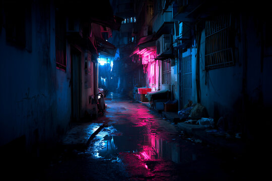 Dark alley wet street with glowing neon pink blue lights cyberpunk