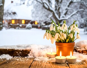 Snow-covered scene with snowdrops and candles