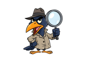 Cartoon crow detective wearing a trench coat and fedora holding a magnifying glass isolated on a transparent background