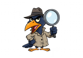 Cartoon crow detective wearing a trench coat and fedora holding a magnifying glass isolated on a transparent background