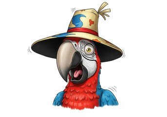 Cartoon Macaw Parrot Wearing a Wide- Brimmed Hat with Open Mouth Keywords: parrot, macaw, bird isolated on a transparent background