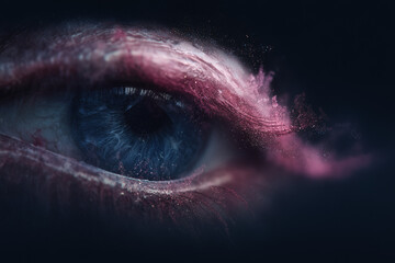 Macro blue eye with glowing pink smoke abstract spiritual vision