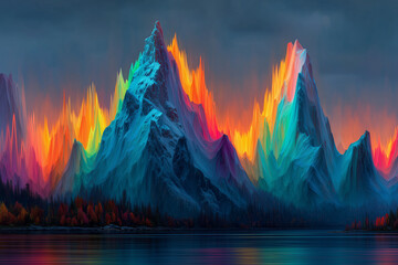 Vibrant rainbow mountains reflection in lake abstract colorful fantasy