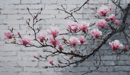 Delicate pink magnolia blossoms gracefully adorn a weathered gray brick wall, showcasing a soft and tranquil scene.