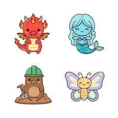 Adorable Cartoon Creatures Dragon, Mermaid, Mole, and Butterfly in Delightful Designs
