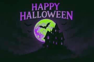 Haunted house and glowing green moon illustration. Use for posters, cards, invites, and Halloween advertising designs.
