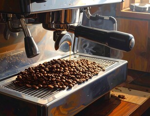 Close-up of a coffee machine making espresso with coffee beans in a cafe