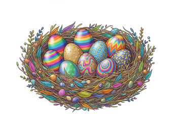 Colorful Easter Eggs in a Nest with Decorative Leaves and Berries rainbow isolated on a transparent background
