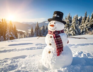 Snowman in snowy landscape at sunrise