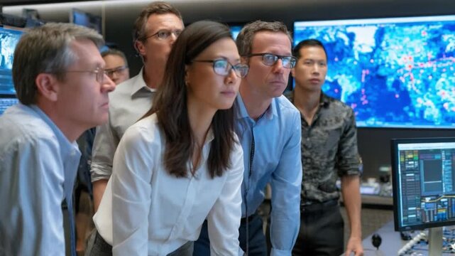Concentrated Focus: A diverse group of professionals is intensely focused in a command center, monitoring data with dedicated concentration.