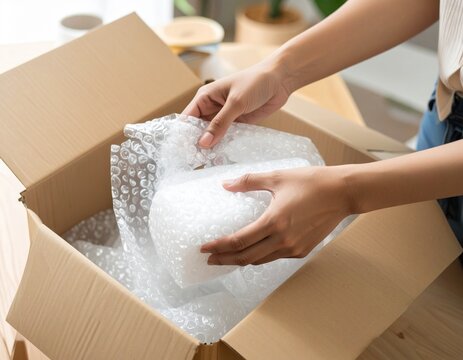 Close-up of hands packing object wrapped in bubble wrap inside cardboard box, Hands carefully placing bubble wrapped item inside shipping box on wooden table