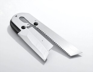 Close-up of a silver utility knife tool on a white background isolated