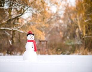 Snowman in snowy winter landscape