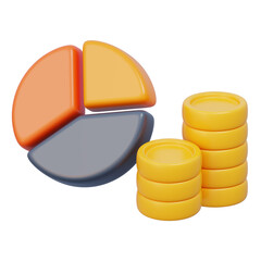 Finance data driven display with pie chart and coin stacks