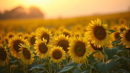Fototapeta premium Vibrant Sunflower Field at Sunset Golden Hour Photography