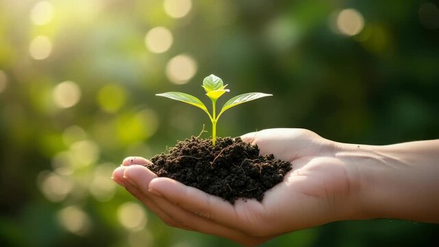 Cupped hands cradle rich soil nurturing vibrant green seedling with two bright leaves and central sprout Sunlight filters through blurry green background creating warm bokeh effects