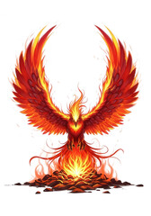 Fiery Phoenix Rising from Flames with Wings Extended fire burning isolated on a transparent background