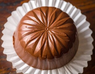 Close-up of a delicious chocolate bonbon in a white paper cup ready to be eaten