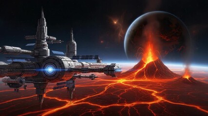 modular space station with solar panels hovers over planet covered in erupting volcanoes and glowing lava flows A celestial body looms above in the star-filled cosmos - Powered by Adobe
