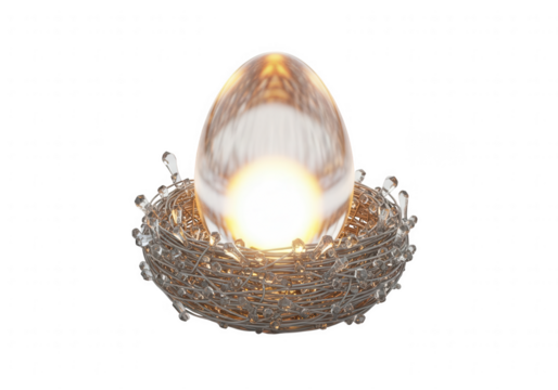 Glowing Crystal Egg in a Wire Nest on Black Background Keywords: egg, nest, crystal, glowing isolated on a transparent background