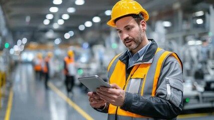 Professional Engineer at Work: A skilled engineer diligently inspects a digital tablet within a vast industrial setting. He is focused on technical detail.