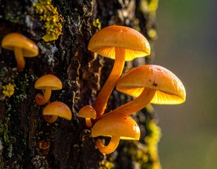 Fototapeta premium Tree Bark with Small Orange Mushrooms Attached